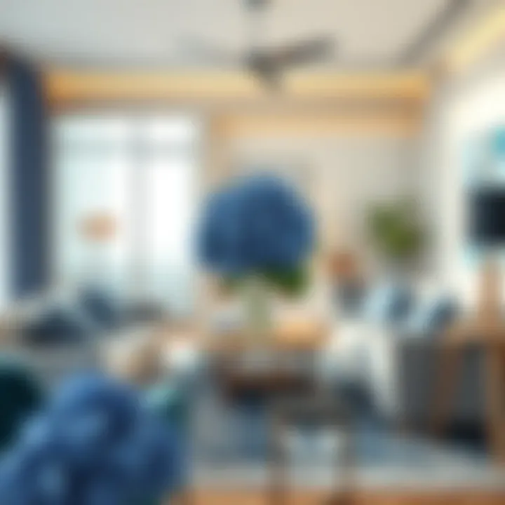 Living room styled with artificial hydrangea blue decor elements