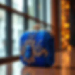 Elegant royal blue evening bag with intricate detailing