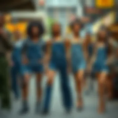 Diverse individuals showcasing short overalls in urban settings