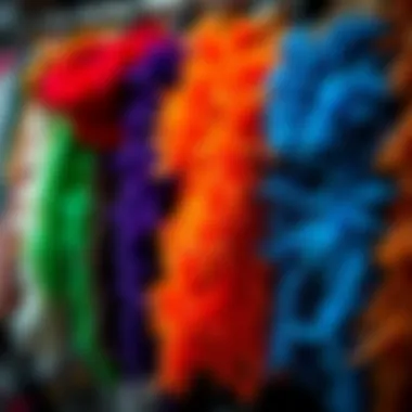 A visually striking display of various boa feather scarves in different colors.