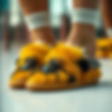 Close-up of the intricate design of bee slippers.