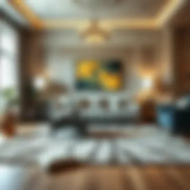 A beautifully decorated living room featuring an alien rug as a focal point.