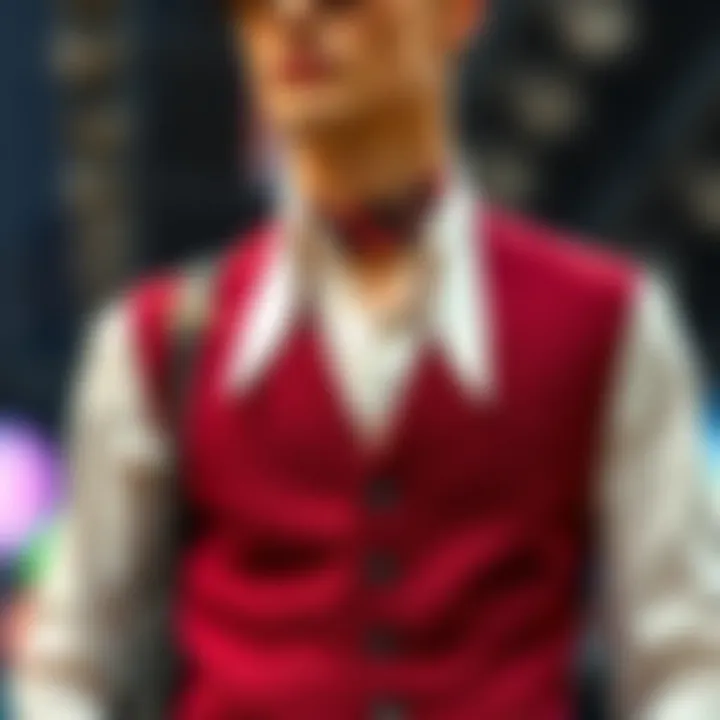 A stylishly arranged outfit featuring a burgundy vest paired with complementary accessories