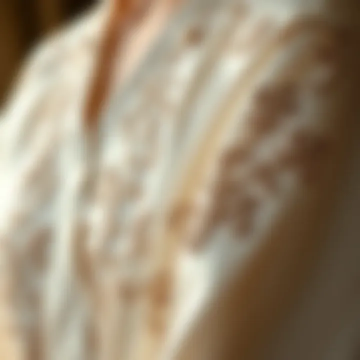 Close-up of intricate embroidery on a satin bridal robe