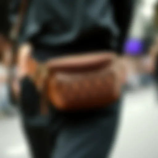 Intricate Design of a Stylish Waist Strap Bag A close-up of a stylish waist strap bag showcasing its intricate design.