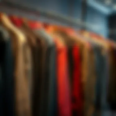 An array of lined denim shirts in various colors hanging on a rack