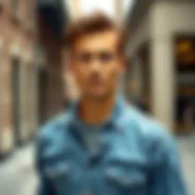 A stylish individual wearing a lined denim shirt in an urban setting