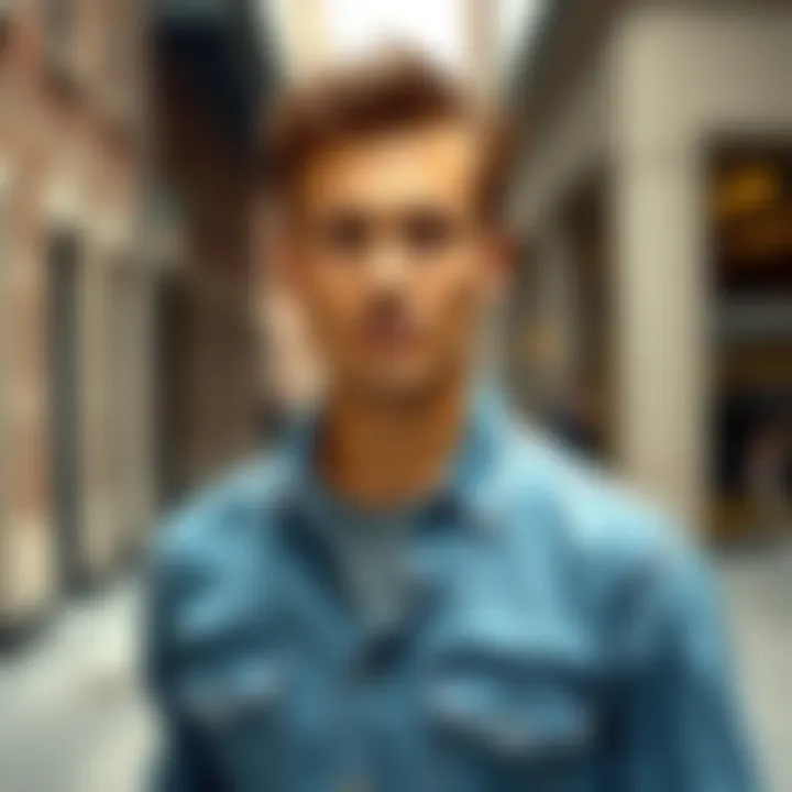 A stylish individual wearing a lined denim shirt in an urban setting