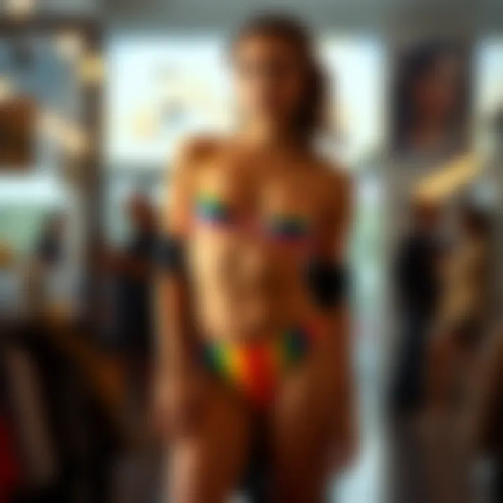 A model confidently showcasing rainbow panties in a stylish setting