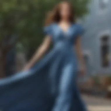 A flowy maxi denim dress worn in an outdoor setting
