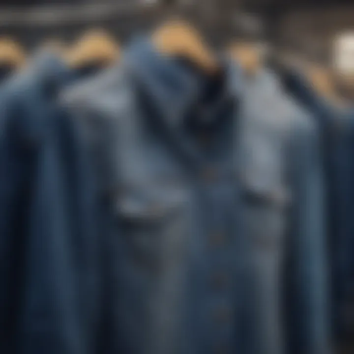 A stylish denim shirt dress displayed on a hanger