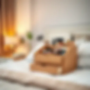 Stylish bedroom scene featuring a large wooden makeup organizer