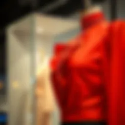 Elegant red blouse displayed on a mannequin with intricate details.