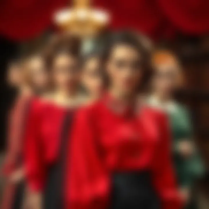 Historical depiction of women in red blouses through different eras.