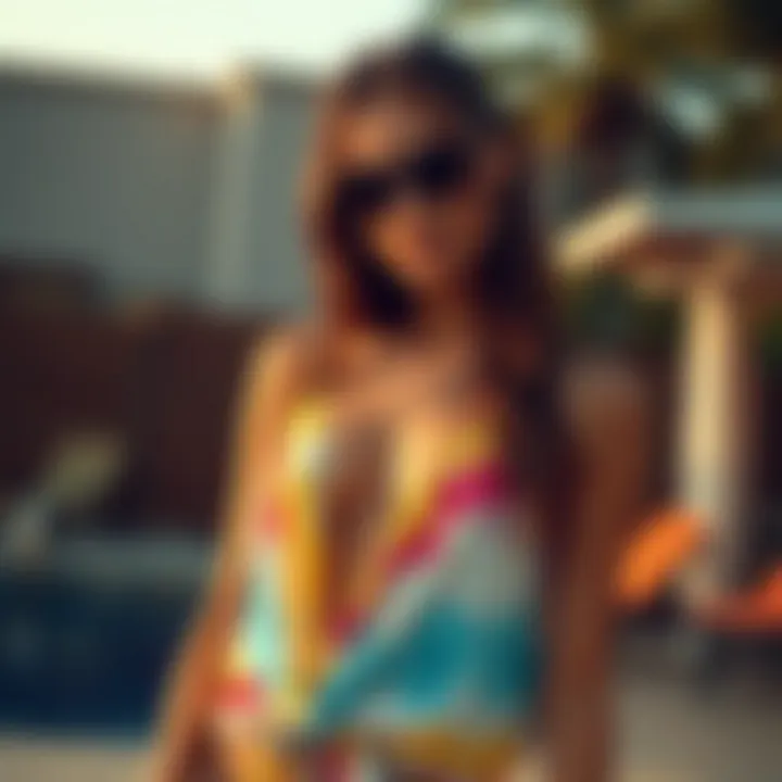Stylish outdoor setting with a model wearing a tie dye cover up