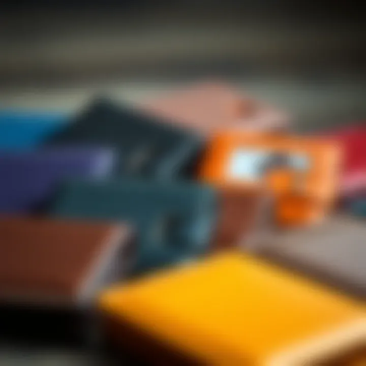 Stylish wallet in varied colors arranged.