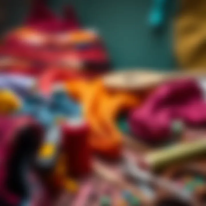 An array of colorful threads and sewing materials used for customizing belly dance wraps.