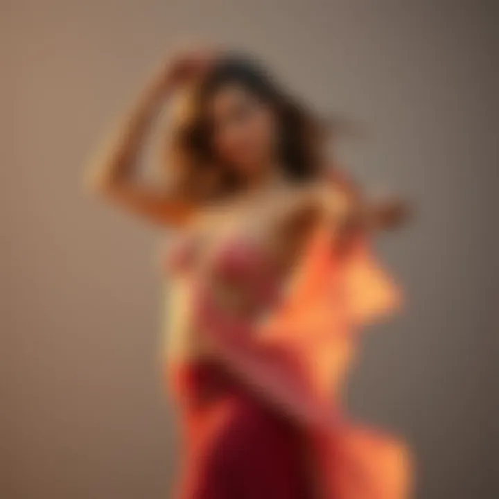 A dancer elegantly demonstrating different styles of wearing a belly dance wrap.