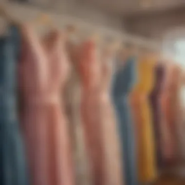 An array of cottagecore dresses hanging in a cozy boutique, showcasing various textures and styles.