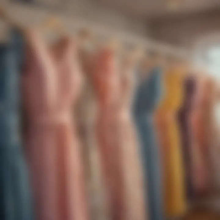 An array of cottagecore dresses hanging in a cozy boutique, showcasing various textures and styles.