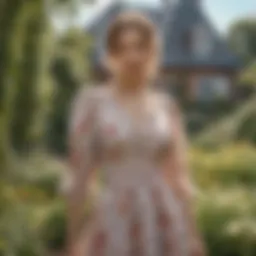 A delicate cottagecore dress adorned with floral patterns, set against a picturesque garden backdrop.