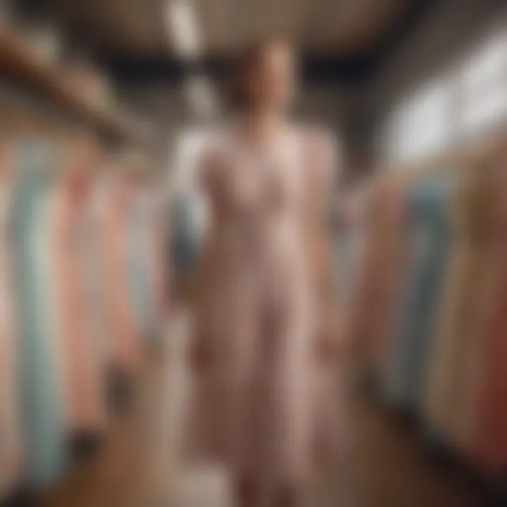 A charming thrift store aisle filled with vintage cottagecore dresses waiting to be discovered.