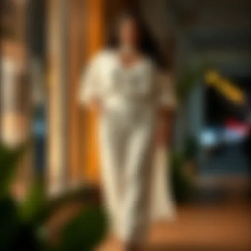 Elegant plus-size model wearing white chiffon pants in a casual setting