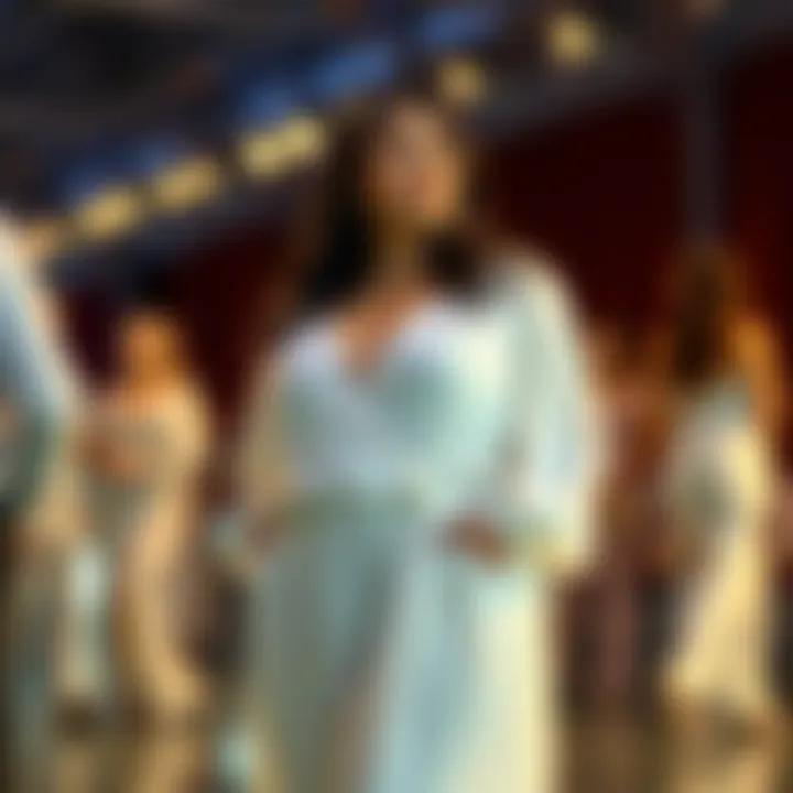 Plus-size individual at a formal event wearing white chiffon pants