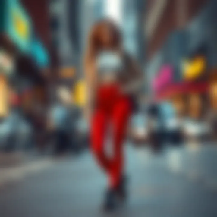 Fashionable styling of high waisted leggings in urban environment