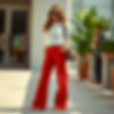 Fashion-forward look showcasing red wide leg pants in a casual setting