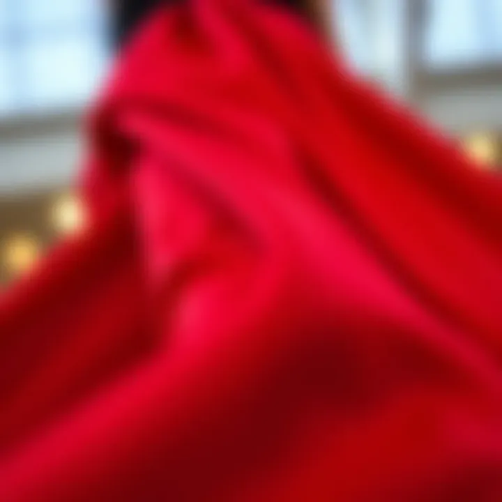 Close-up of luxurious fabric choice for red wide leg pants