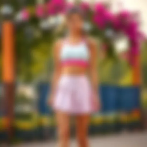 A fashionable flare tennis skirt paired with a sporty top in a vibrant outdoor setting