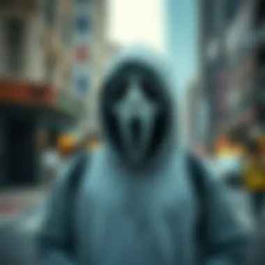 Urban Fashion Statement: Ghost Face Hoodie A person wearing a ghost face hoodie in an urban setting