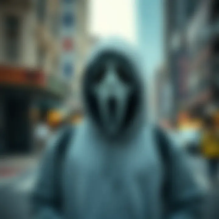 Urban Fashion Statement: Ghost Face Hoodie A person wearing a ghost face hoodie in an urban setting