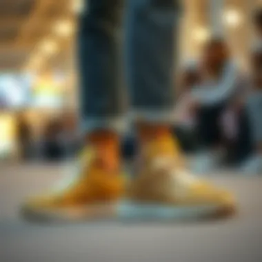 A creative fashion ensemble featuring gold glitter sneakers paired with stylish attire.