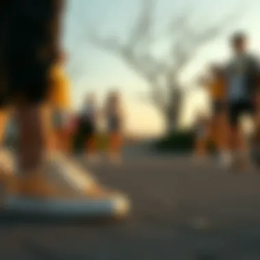 A serene outdoor setting showcasing individuals wearing gold glitter sneakers.