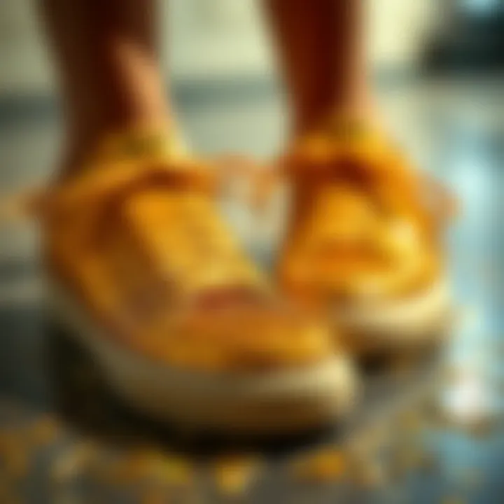 Close-up of the shimmering texture of gold glitter on fashionable sneakers.