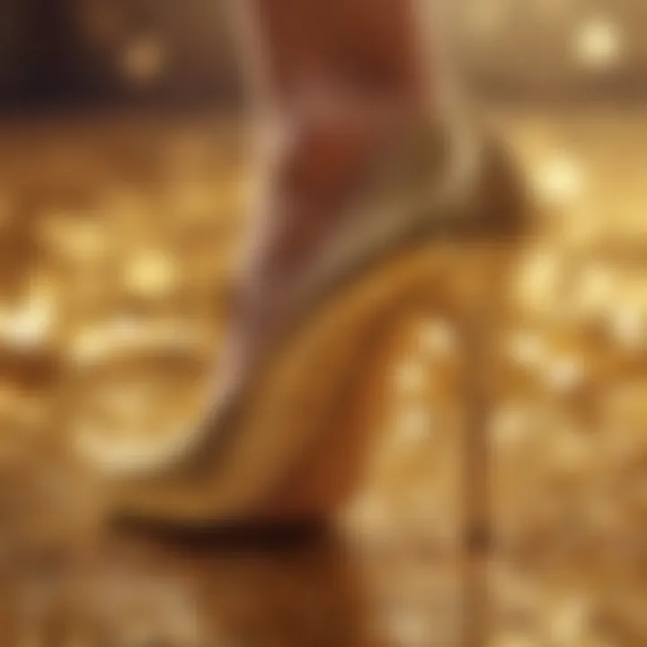 Close-up of shimmering gold glitter texture on footwear