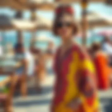 A vibrant kaftan worn at a beachside cafe