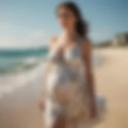 Elegant maternity swim dress in a serene beach setting