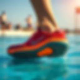 A close-up view of a high-performance swim shoe showcasing its innovative sole design.