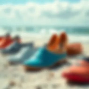 Variety of swim shoes displayed on a beach setting, illustrating different styles and colors.