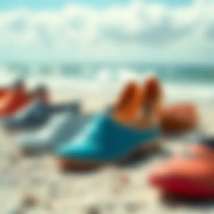 Variety of swim shoes displayed on a beach setting, illustrating different styles and colors.