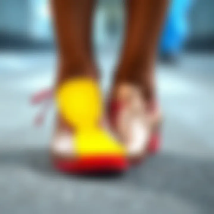 Demonstration of proper placement of metatarsal pads within footwear.