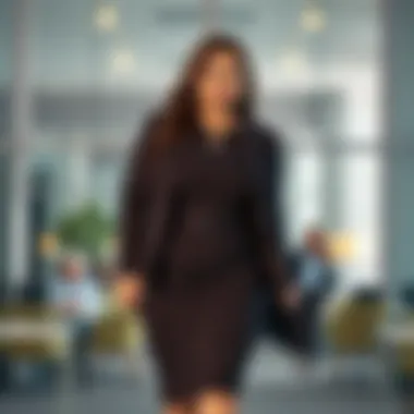 A plus size individual confidently wearing a chic dress suitable for an office setting