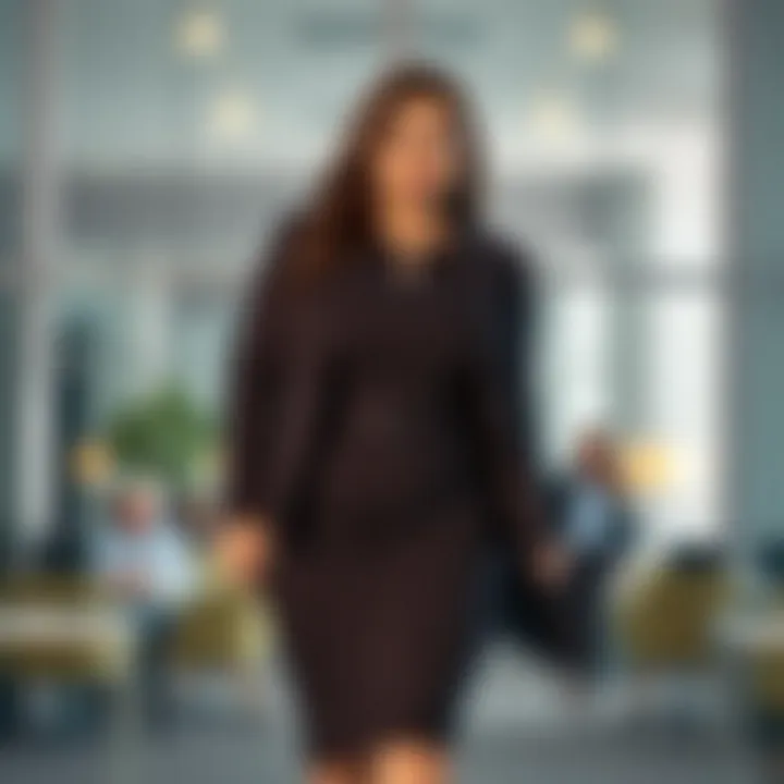 A plus size individual confidently wearing a chic dress suitable for an office setting