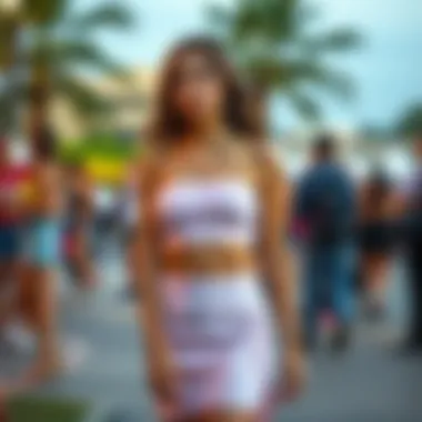 An outdoor event showcasing diverse individuals wearing different styles of two-piece mini skirt sets.