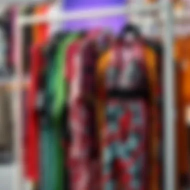 Colorful array of printed workout sets displayed on a rack