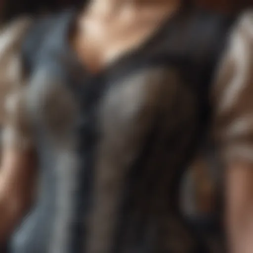Close-up view of detailed corset lacing with ornate patterns