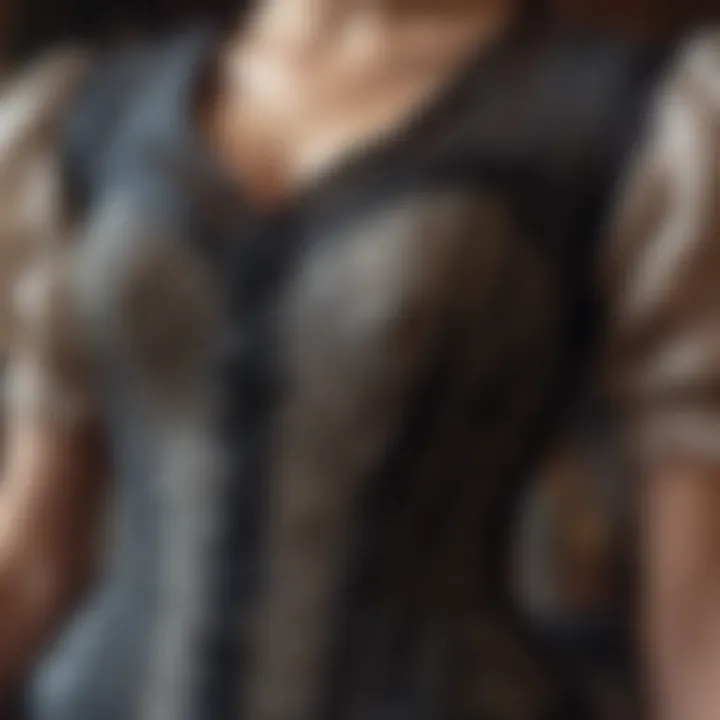 Close-up view of detailed corset lacing with ornate patterns